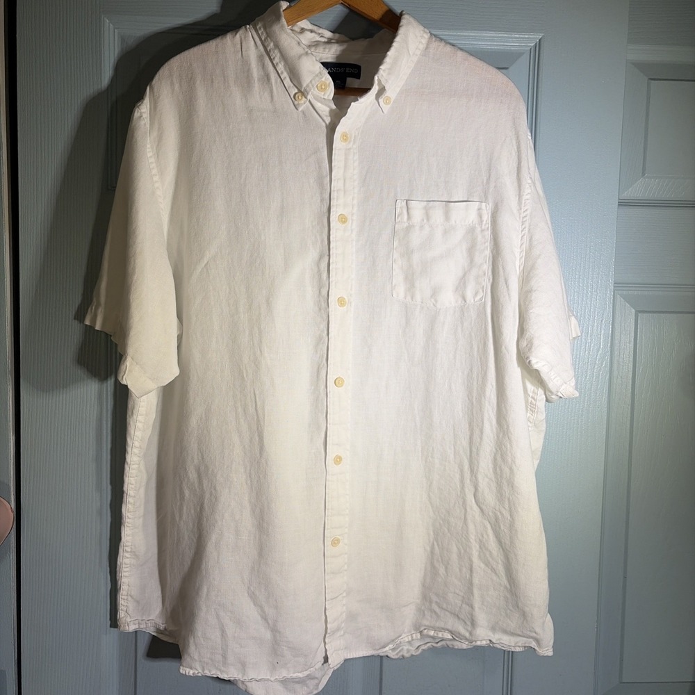 Lands End Men's Short Sleeve Button Up Shirt Linen XL White.